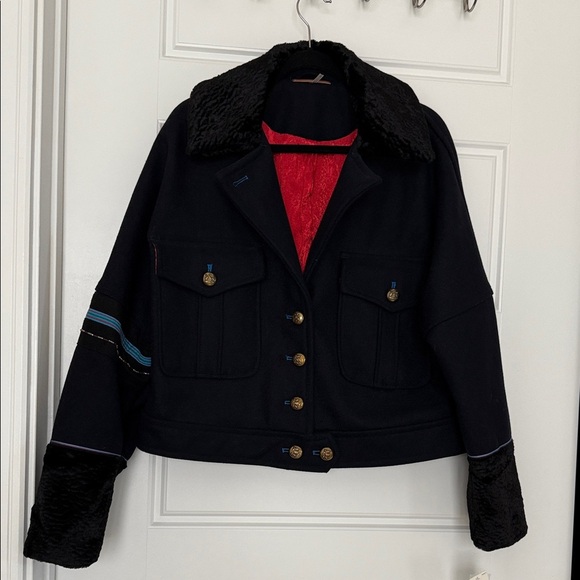 Free People Black Eisenhower Military Jacket Wool Blend w/Faux Fur Accents  Sz M - Picture 4 of 16